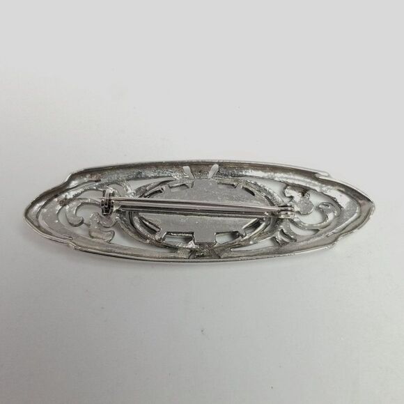 Vintage Black and Silver Tone Oval Shape Brooch, Cabochon Center, Unisex Estate - Picture 3 of 6